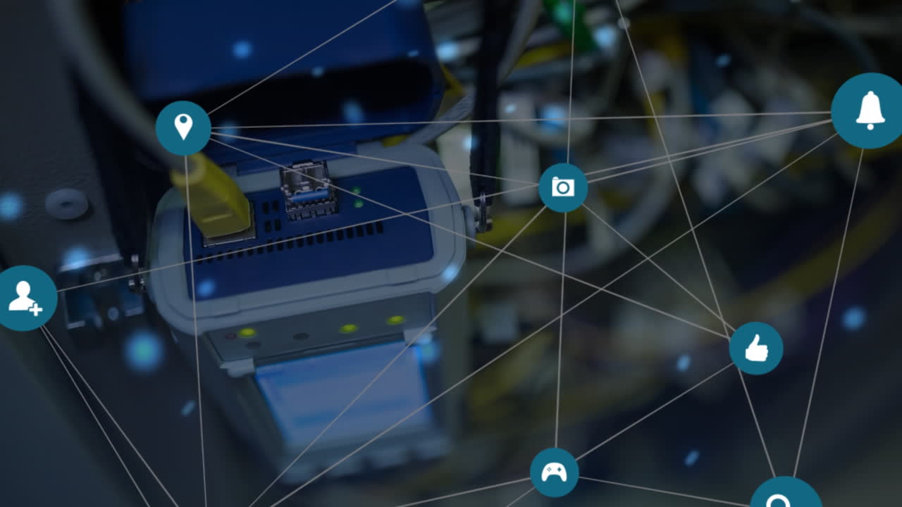 Animation of network of connections with icons over computer servers