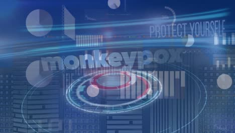 Animation-of-monkey-pox-over-data,-graphs-and-navy-background