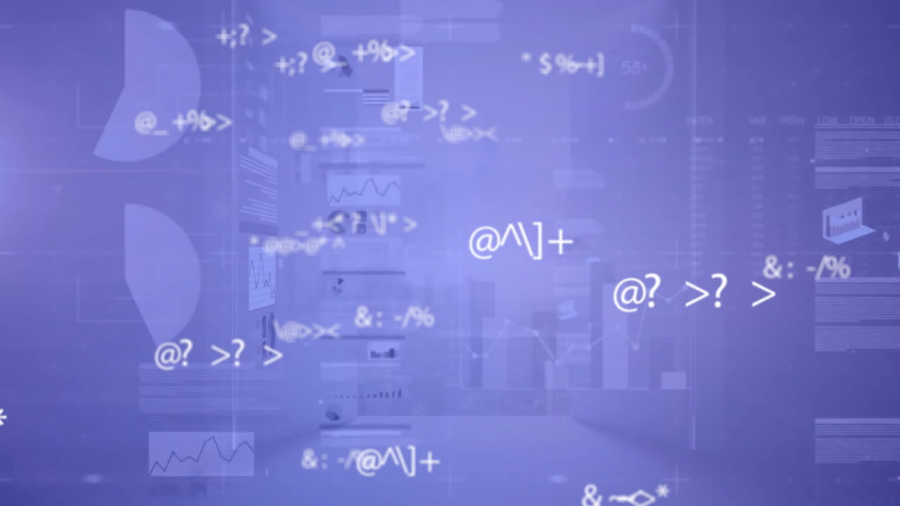 파란색 배경에 그래프와 차트를 가진 인터페이스 화면을 통해 데이터 처리의 애니메이션