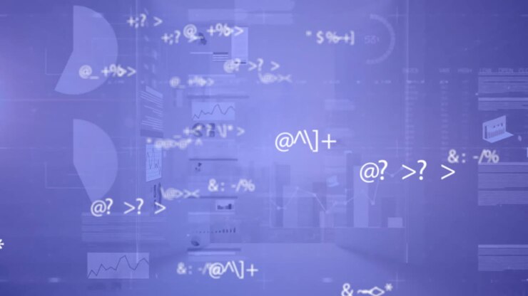 Animation of data processing over interface screens with graphs and charts on blue background
