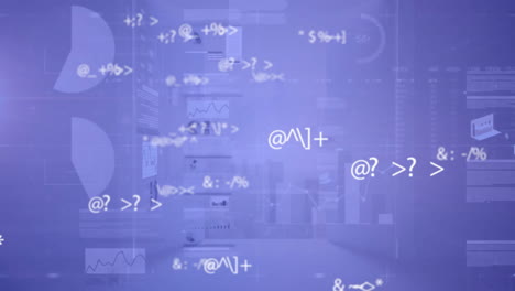 animación del procesamiento de datos a través de pantallas de interfaz con gráficos y gráficos sobre fondo azul