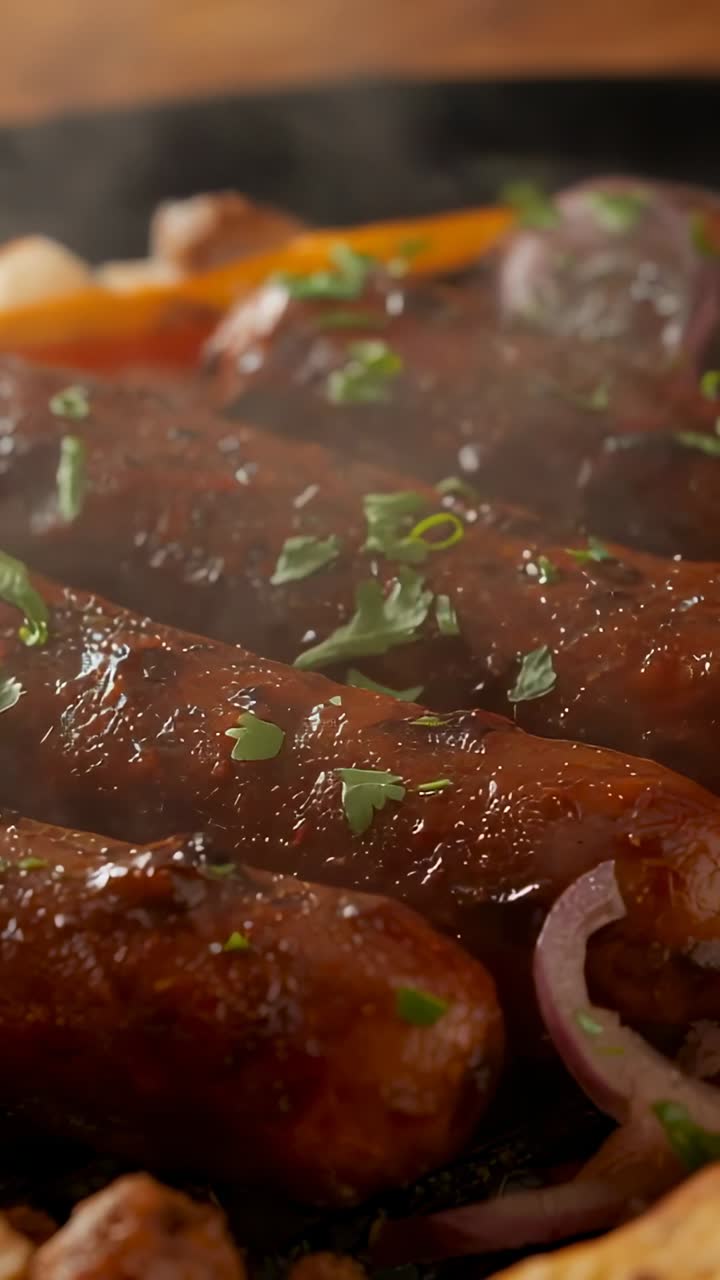 Vertical video: Pan heating sausages browning in cast iron skillet on stove, onions and parsley