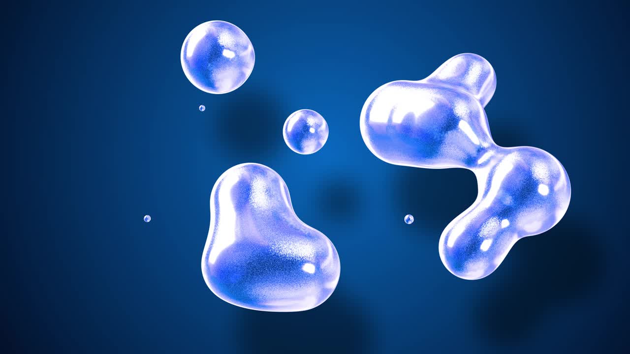 마치 유리 방울이나 파란 빛으로 가득 찬 구가 융합되고 어지는 것처럼 메타볼의 추상적인 배경은 4k에서 순환적으로 움직입니다.