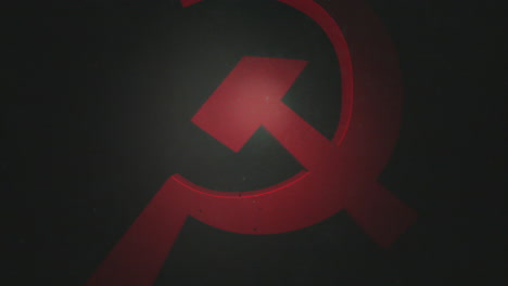 3d red hammer and sickle, zooming out through a thick, dirty atmosphere, smooth 3d rotation, dramatic flickering light, realistic look and feel, slow-motion cg animation 4k, communist symbol