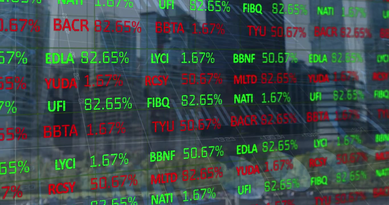 Animazione di grafici finanziari e dati su un paesaggio urbano