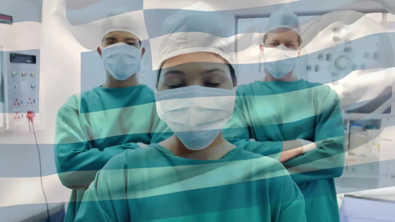수술실 에 있는 외과 의사 들 위 에 그리스 국기 가 흔들리는 애니메이션