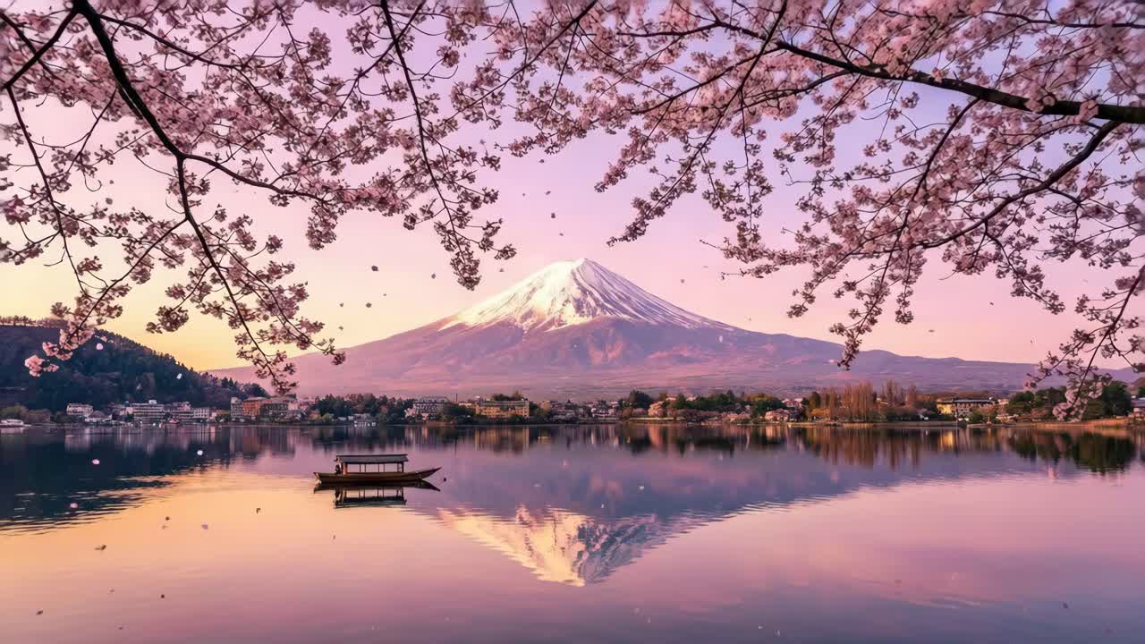 ภูเขาฟูจิพร้อมดอกซากุระและการสะท้อนของทะเลสาบ