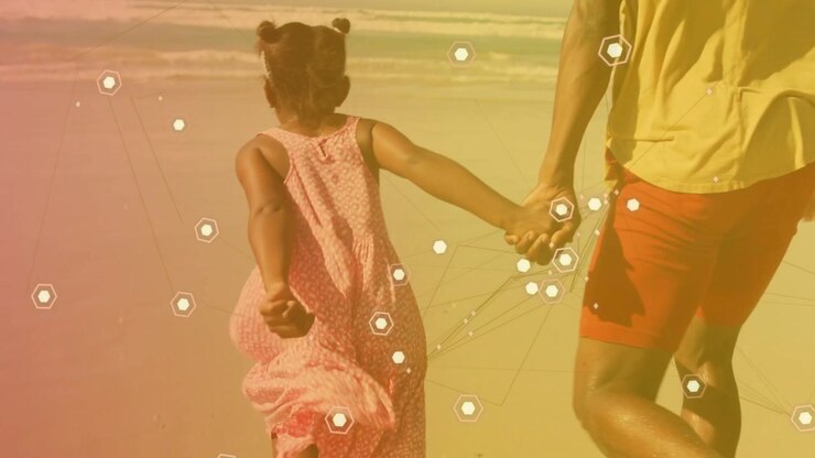 Child glancing, shifting into running, man holding hand guiding to surf with health hex tracking