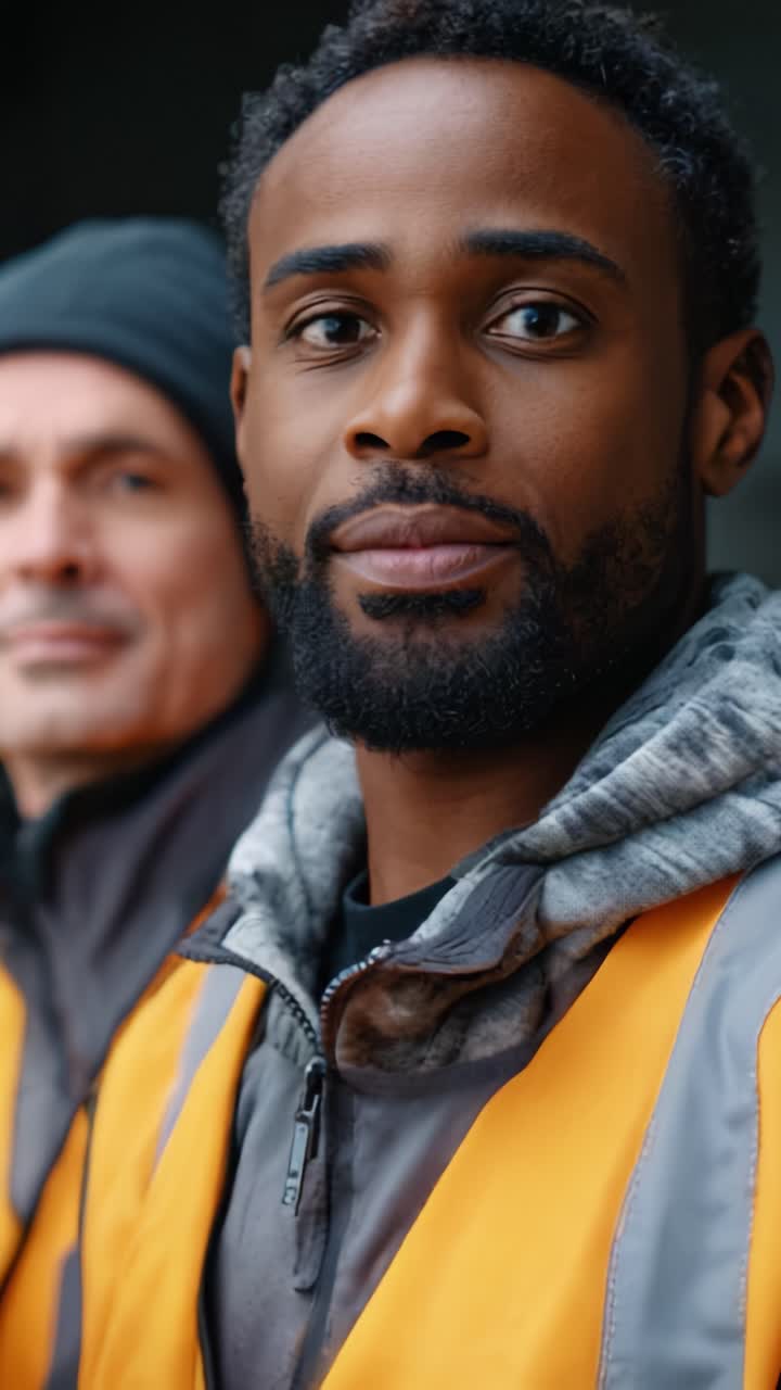 Due operai edili che indossano giubbotti di sicurezza posano per una foto, mettendo in mostra il lavoro di squadra e la professionalità in un ambiente industriale, concentrandosi sulle loro espressioni