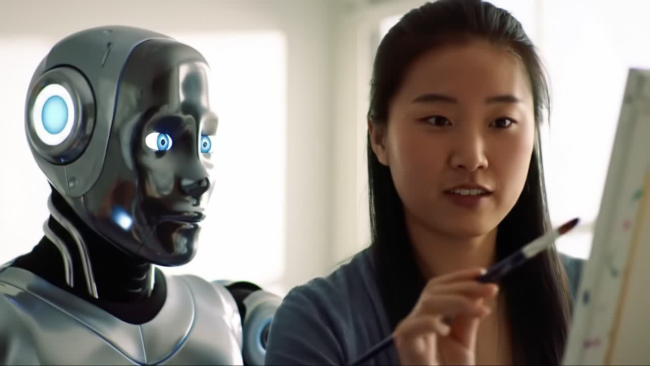 A humanoid robot observes and engages with a young artist as she creates a painting. The interaction takes place in a bright studio filled with art supplies and colorful canvases.