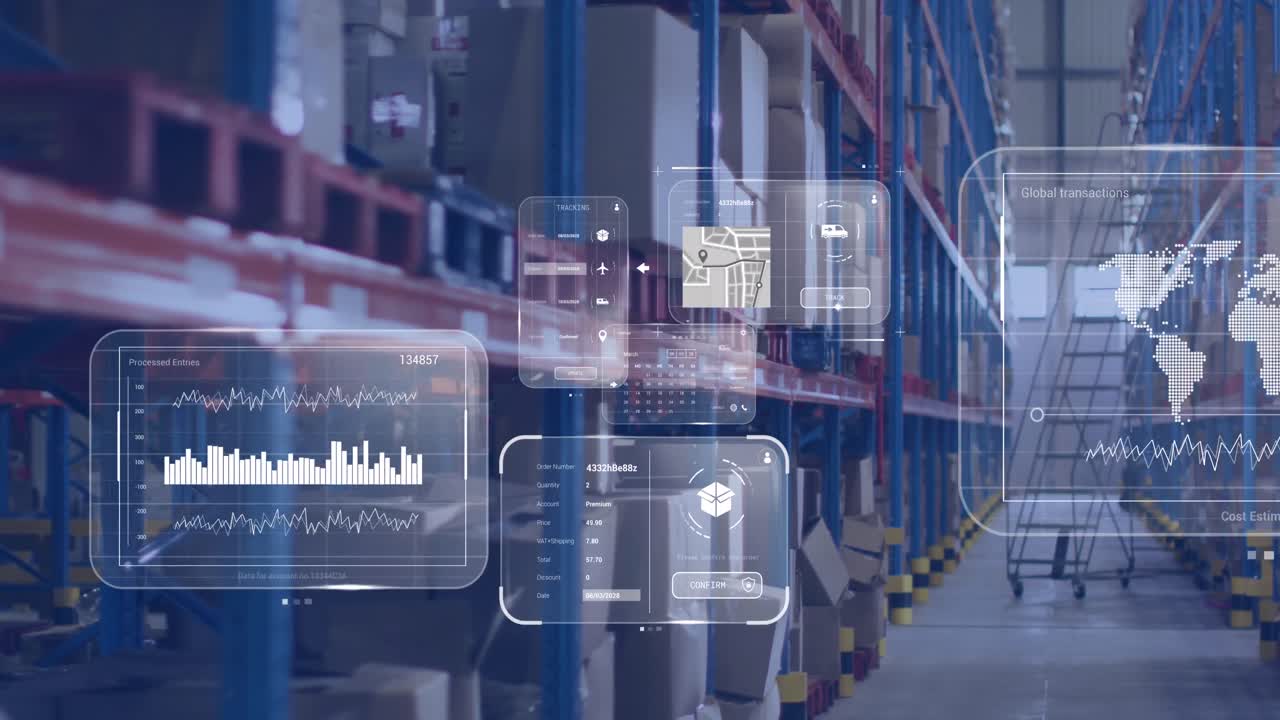 animación del procesamiento de datos en pantallas sobre el almacén