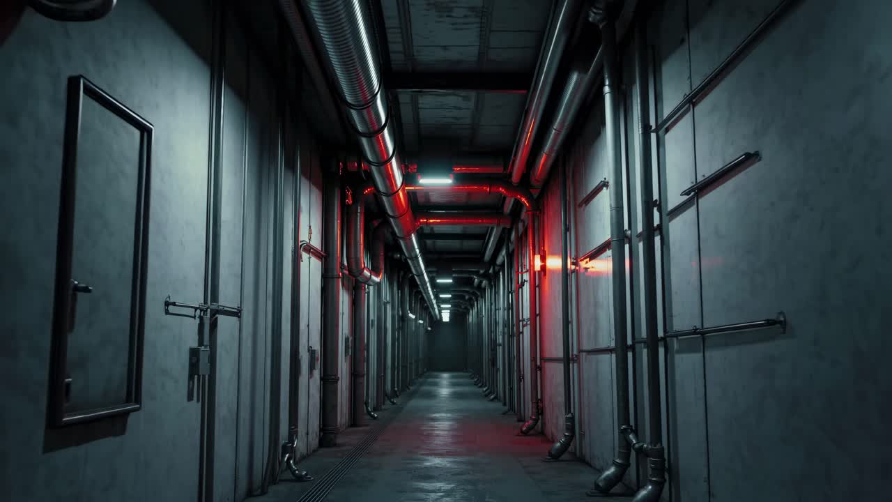 Industrial Corridor with Red Lighting