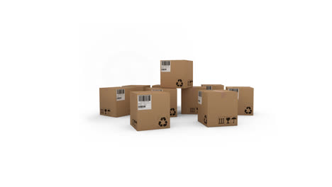 animation of multiple stacked up cardboard boxes moving on white background