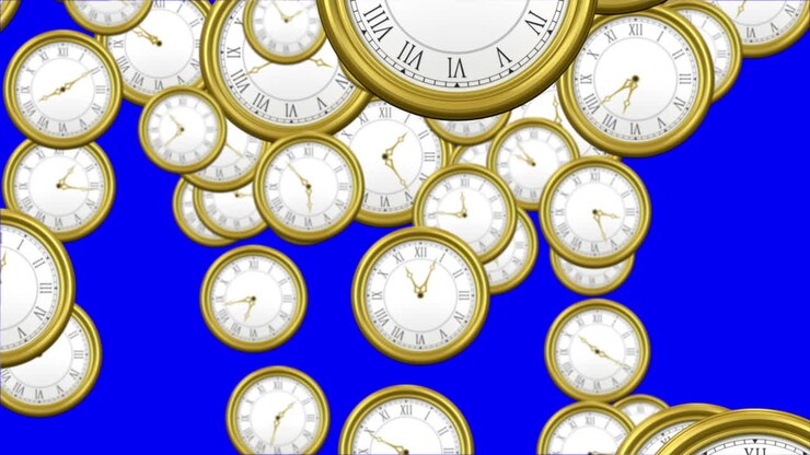 Falling clocks on blue background