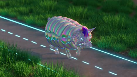 iridescent crystal pig on a neon road