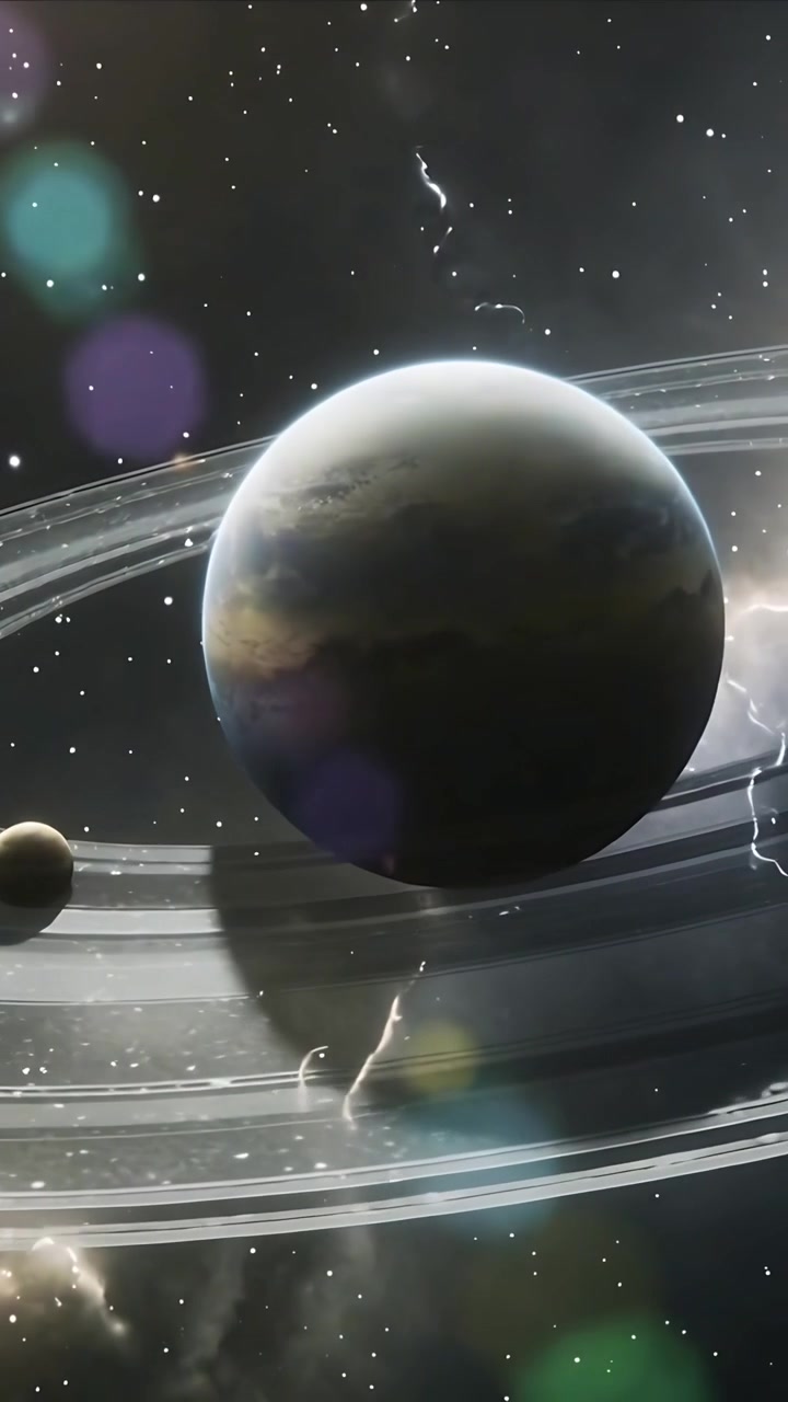 Vertical video: Panning camera showing ringed planet and two moons casting ring shadows in space