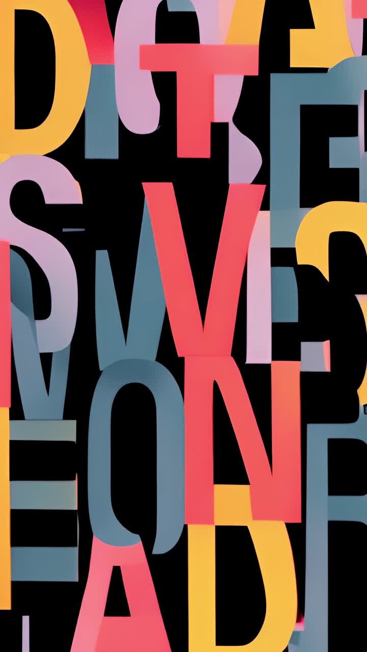 Vertical video: Loop starting sans serif letter cluster shifting on dark backdrop, parallax