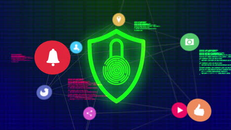 Digital security concept with red shield and lock over network connections animation