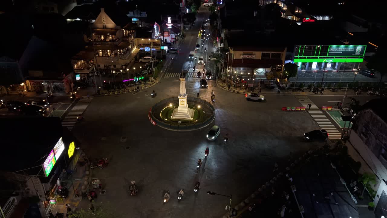 Hyperlapse of nighttime aerial view of Yogyakarta monument, as an icon and historical monument