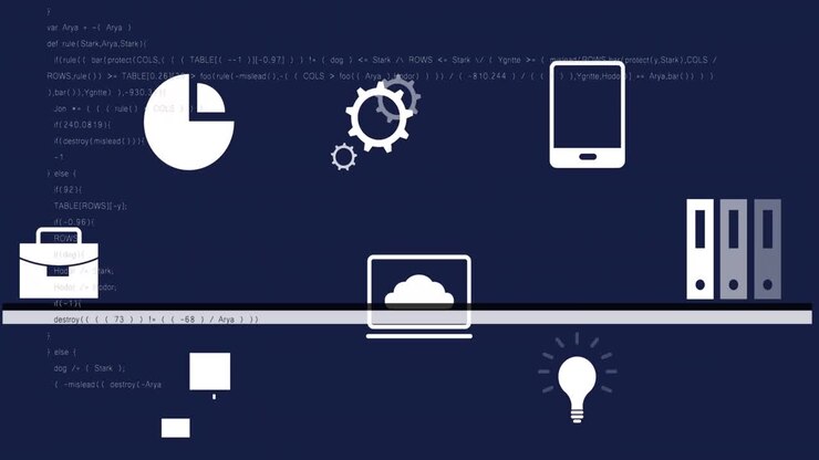 Animation of vhs effect over multiple digital icons and against blue background