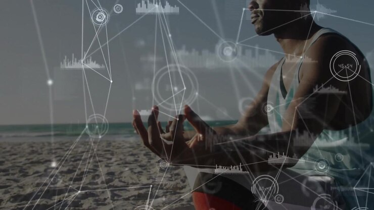 Beach yogi lifting hands into Gyan mudra and activating digital network overlay for wellness