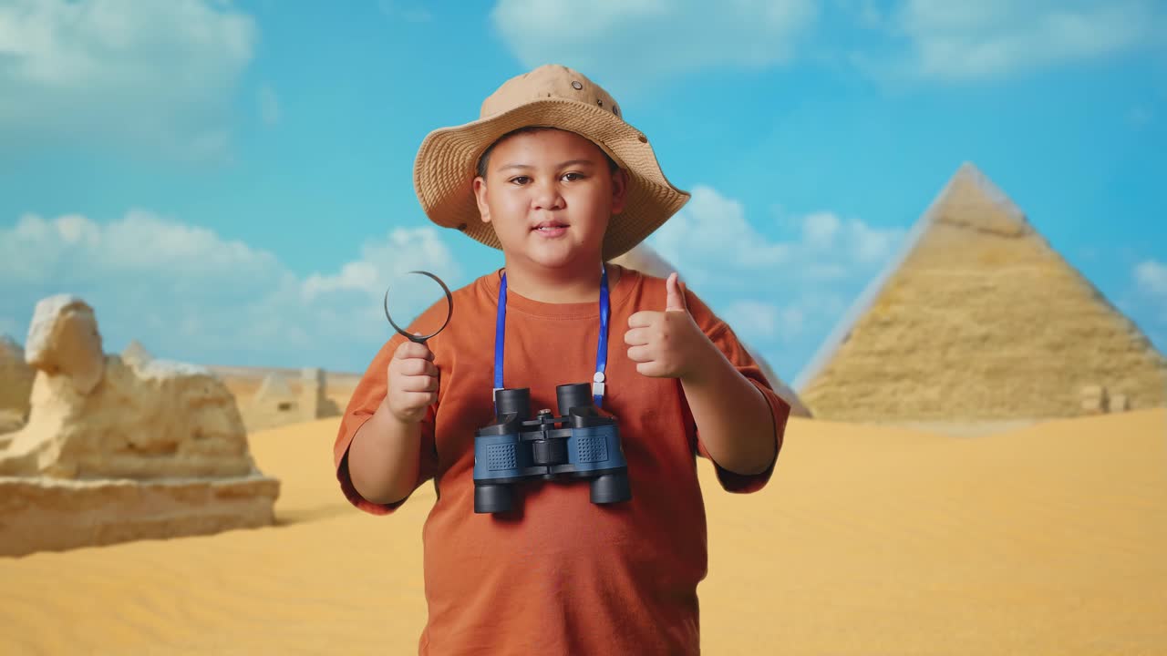 Asian Boy With A Hat And Binoculars Showing Magnifying Glass And Thumbs Up Gesture To Camera. Boy Researcher Examines Something While Traveling In Giza Pyramid, Travel Tourism Adventure Concept