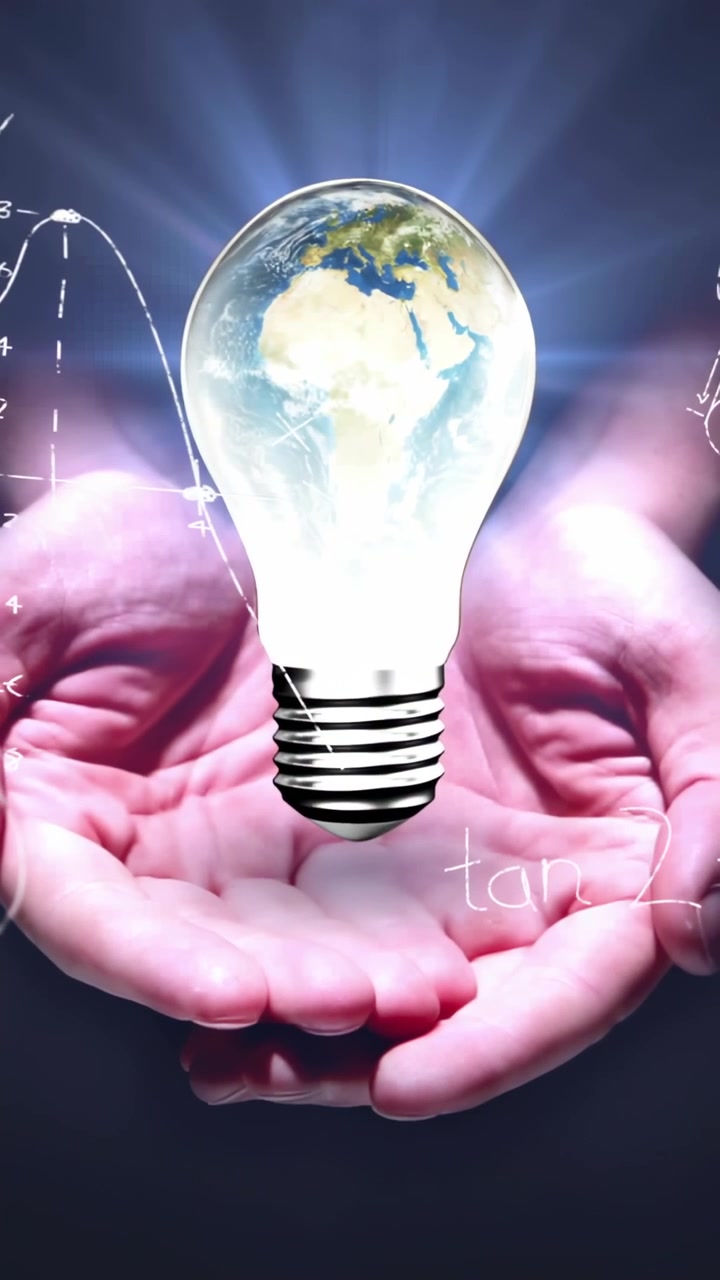 Video verticale: Mani a coppa che sorreggono un globo terrestre luminoso, linee sottili che formano grafici animati per la scienza.