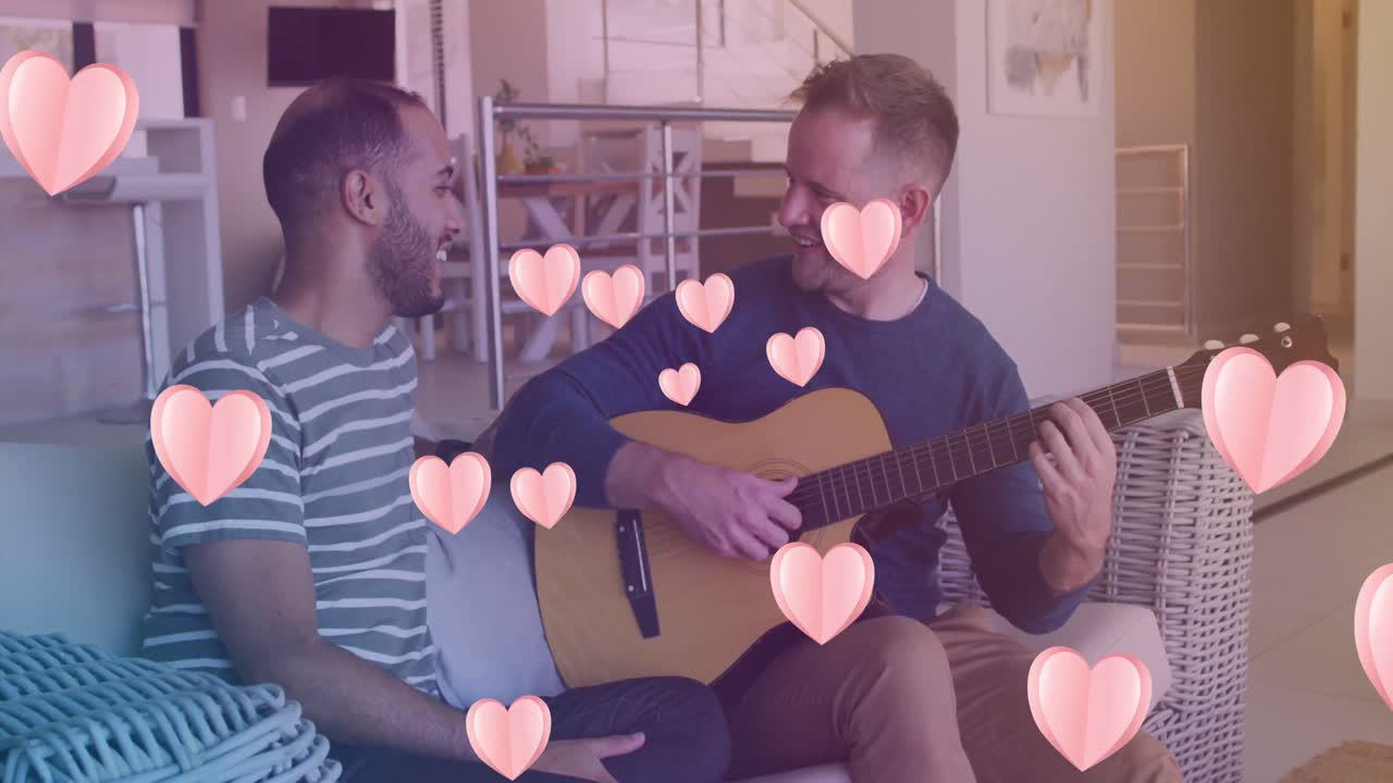 기타를 연주하는 다양한 남성 커플에 대한 마음의 애니메이션