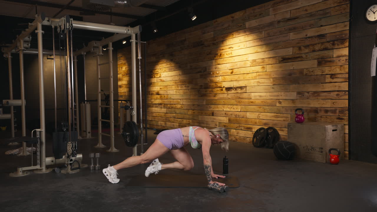 Wide shot of blond woman doing crunches in a gym, static shot
