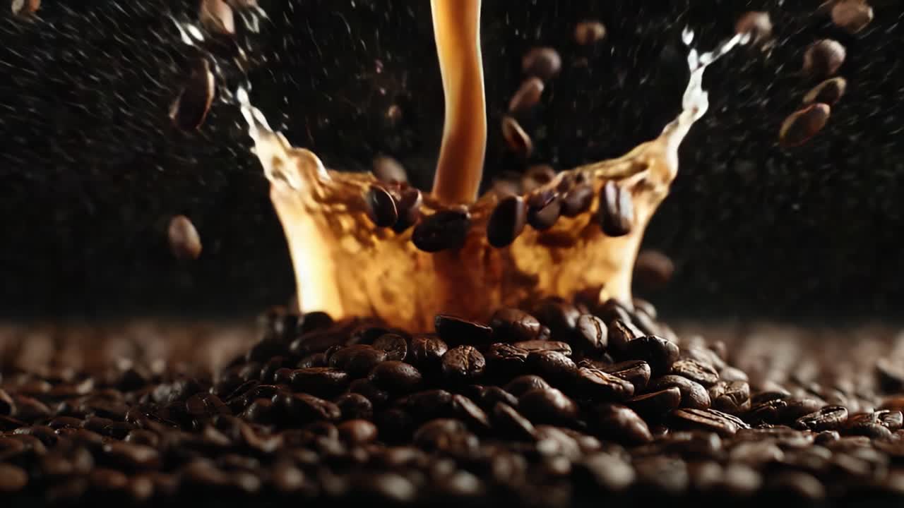 The Art of Coffee: Captivating Slow-Motion Pouring Over Roasted Beans Highlighting the Rich Aroma and Texture of Freshly Brewed Coffee