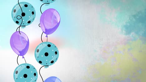 Animation-Von-Blauen-Und-Violetten-Luftballons,-Die-über-Bunten-Hintergrund-Fliegen