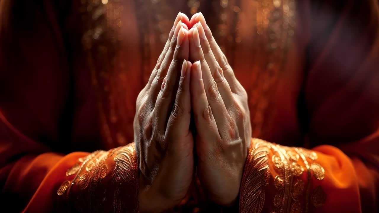Close-up video shot of hands in prayer, wearing ornate orange fabric