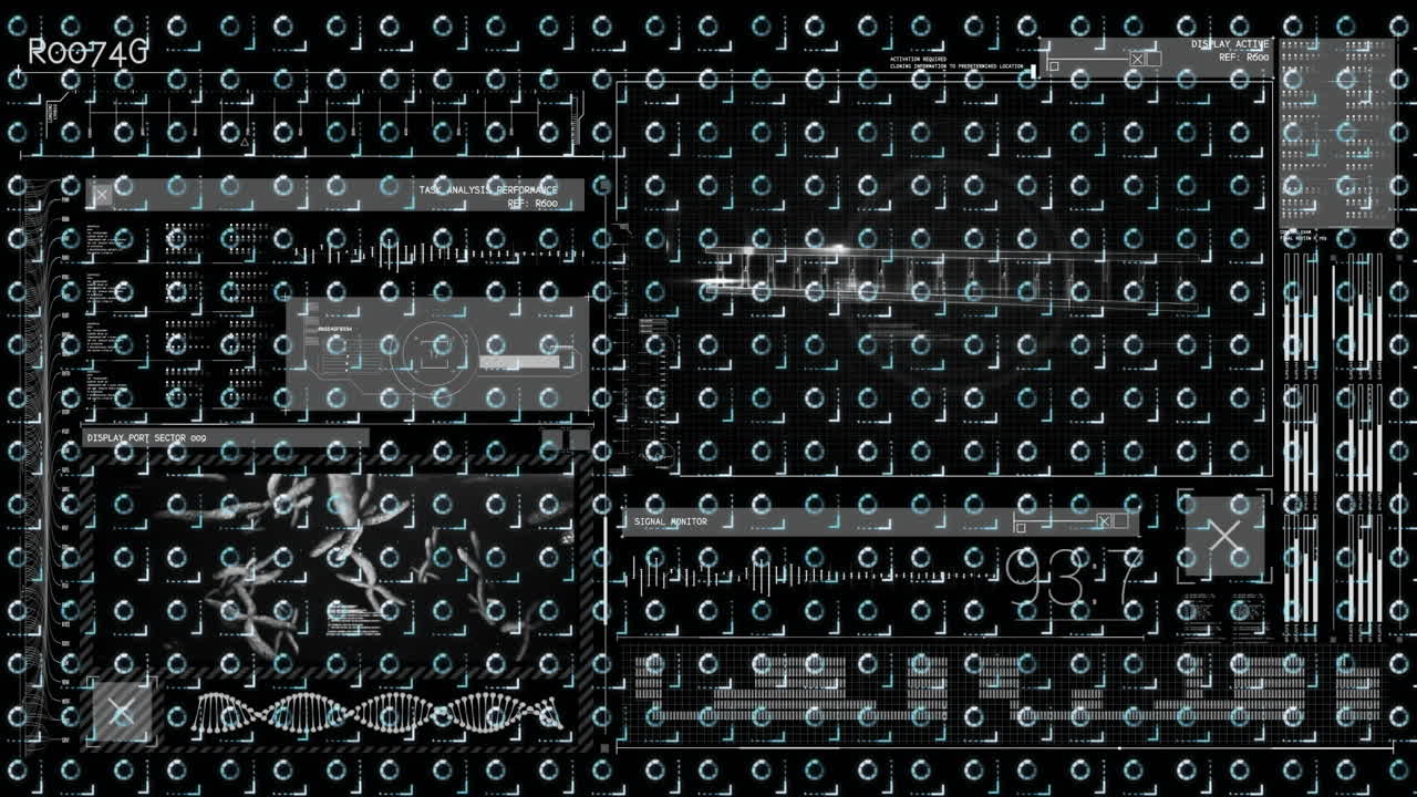 검은 바탕에 회전하는 부하 원 위의 데이터 처리의 애니메이션