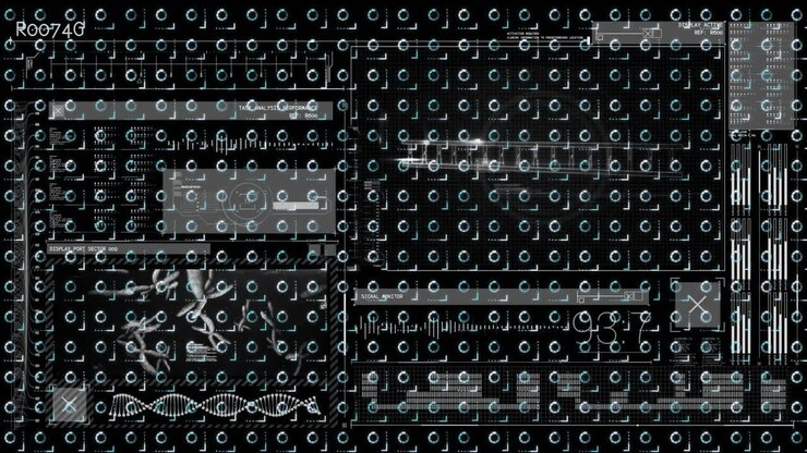 Animation of data processing over rotating loading circles on black background