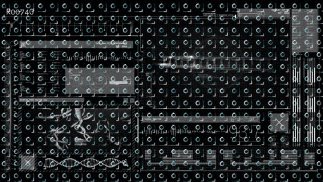 Animation of data processing over rotating loading circles on black background