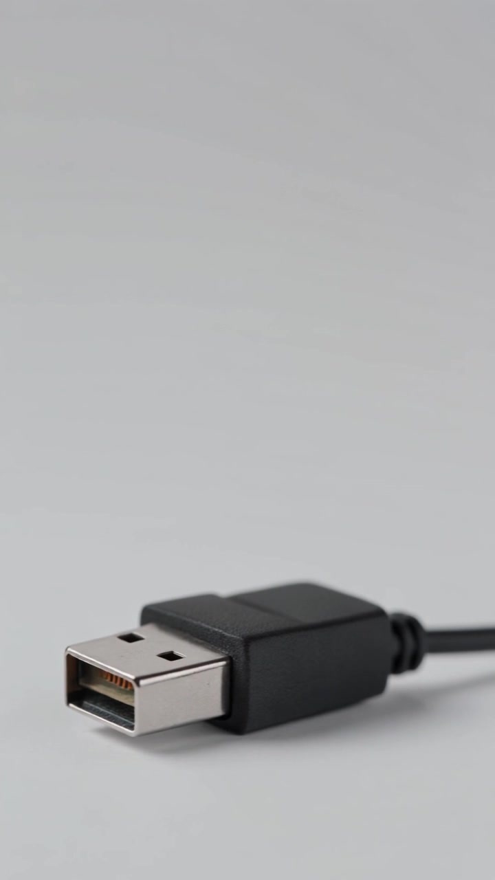 Black USB data transfer and charging cable plug isolated on a seamless light grey background.