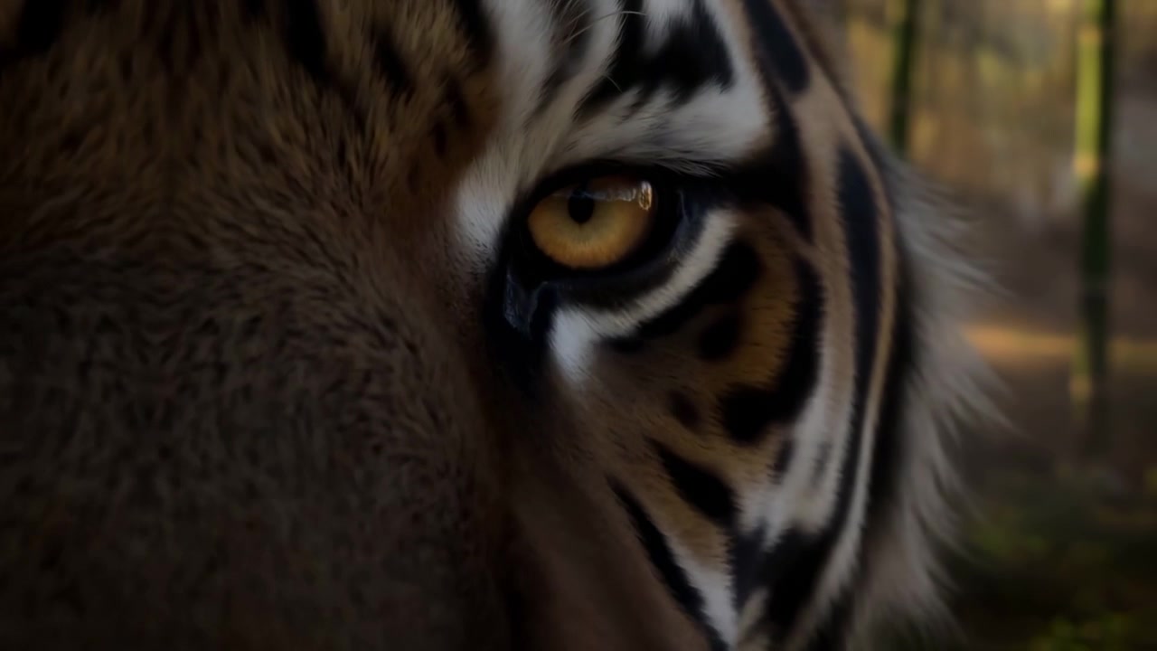 竹林の中を歩く成体のトラ。顔が画面いっぱいに映り、視線は落ち着いて穏やかです。縞模様の毛皮が暖かい日差しを浴び、背景はぼやけて、力強い自然の緊張感が現れています。