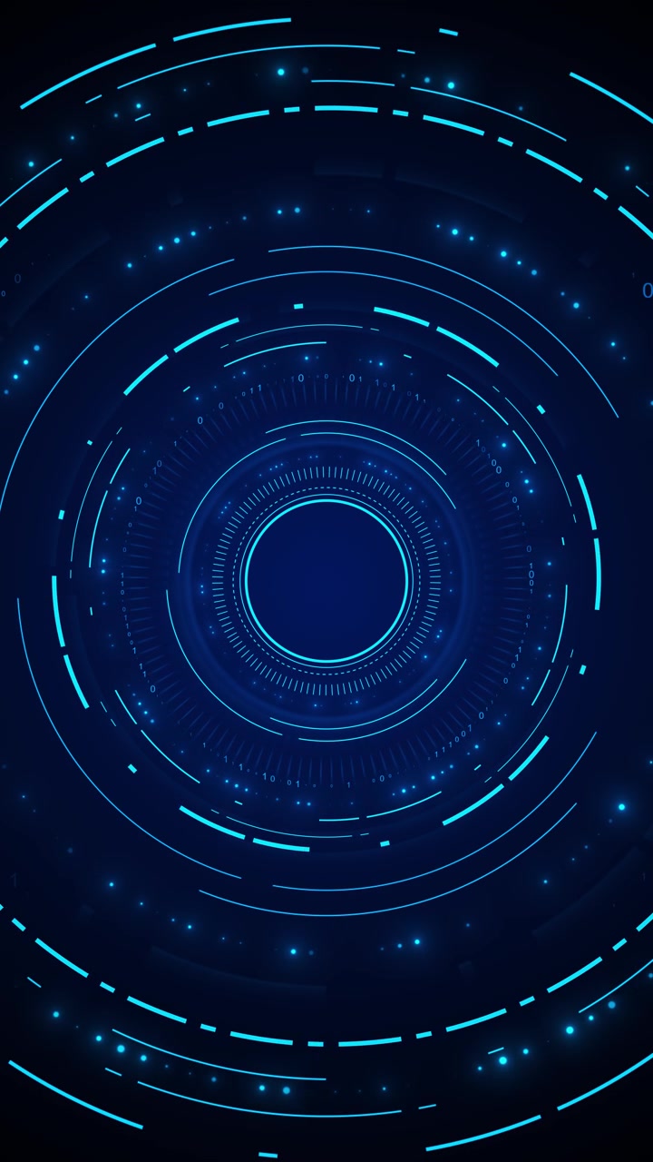 Futuristic blue data rings with binary numbers glowing circular hud lines and dark digital depth
