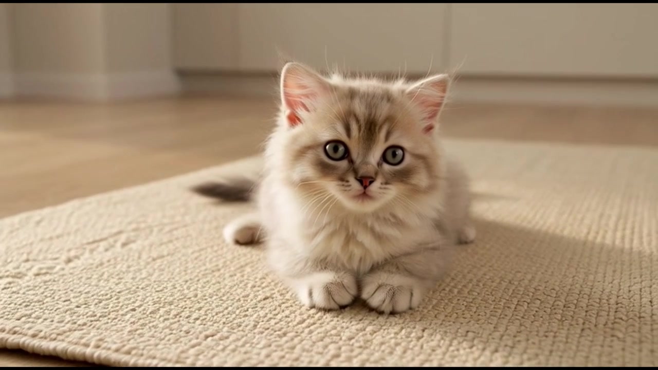 Gatinho fofo descansando em um tapete em um cômodo claro