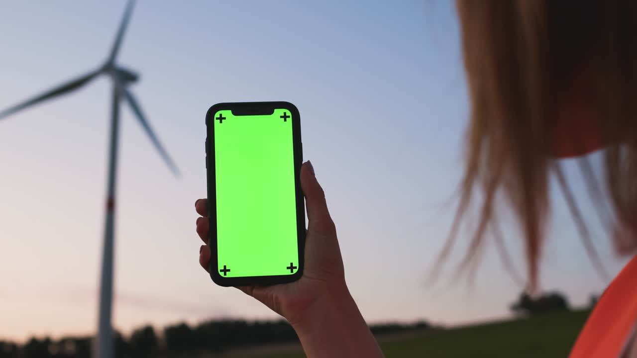 mujer ingeniera sosteniendo un teléfono inteligente con llave de croma en el fondo de la turbina eólica al atardecer.