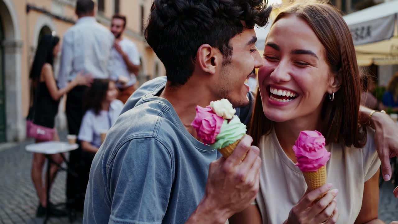 Primo piano di un video che riprende una coppia felice che mangia coni gelato, catturando un momento spontaneo