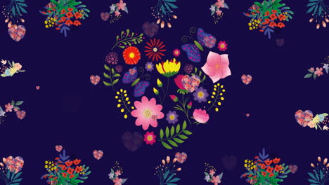 animation of flowers moving over hearts of flowers on blue background