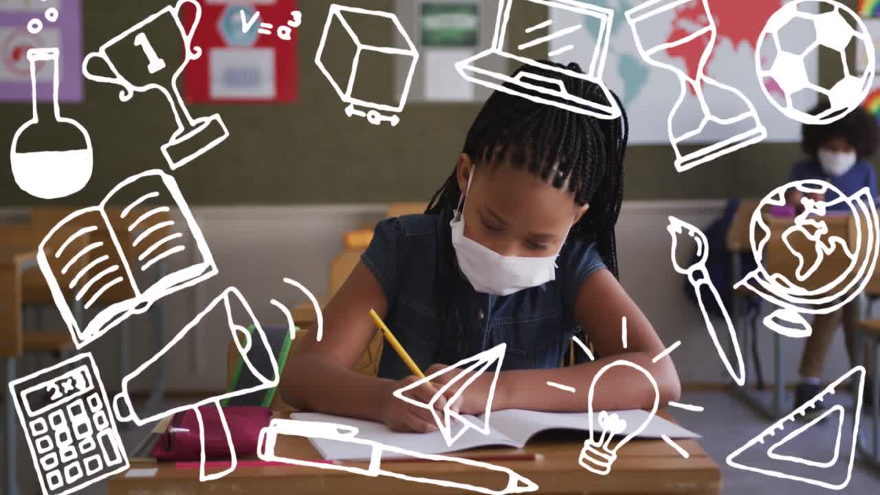 Animation of contour school items appearing over african american girl in face mask at school