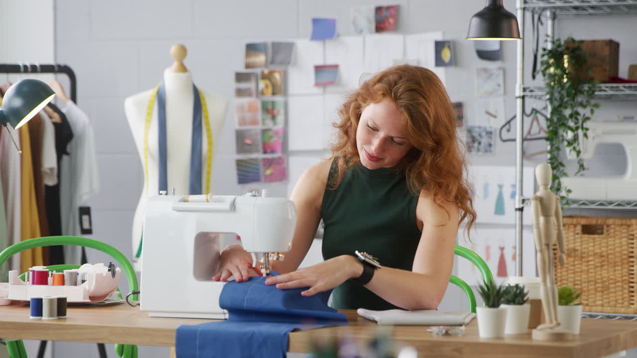 estudiante o propietaria de un negocio que trabaja en la industria de la moda utilizando una máquina de coser en el estudio
