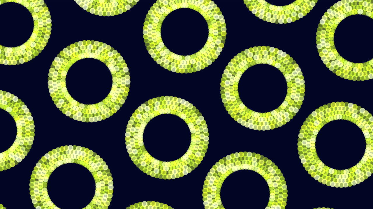 Neon circles pattern with rainbow and random dots on black gradient