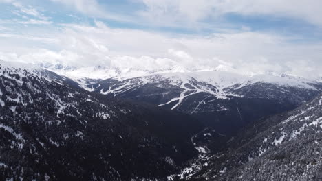 Schneebedeckte-Berggipfel-Mit-Wärmendem-Blauem-Himmel-Und-Schweren-Wolken