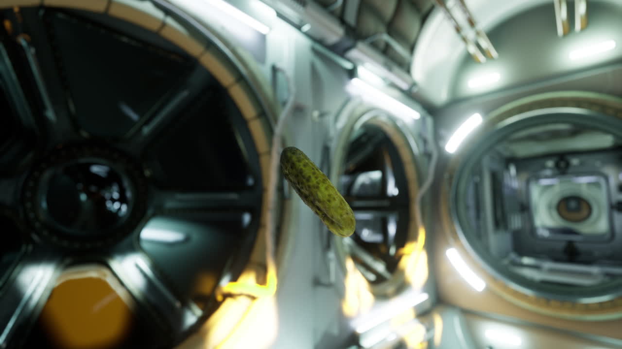 Cetriolo che fluttua in un ambiente futuristico da stazione spaziale