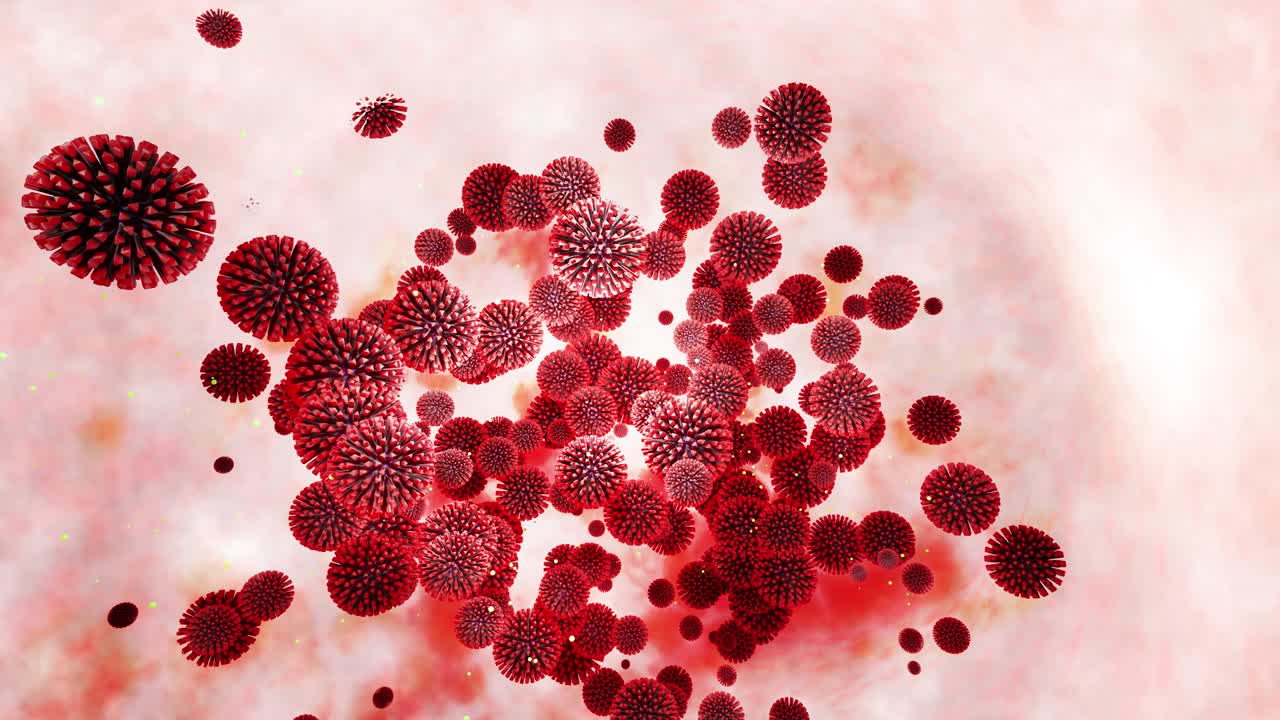 modelo 3d del coronavirus rojo en la membrana mucosa. animación suave en bucle de 4k el virus flota en líquido. fondo microbiológico científico, representación 3d del virus. 13