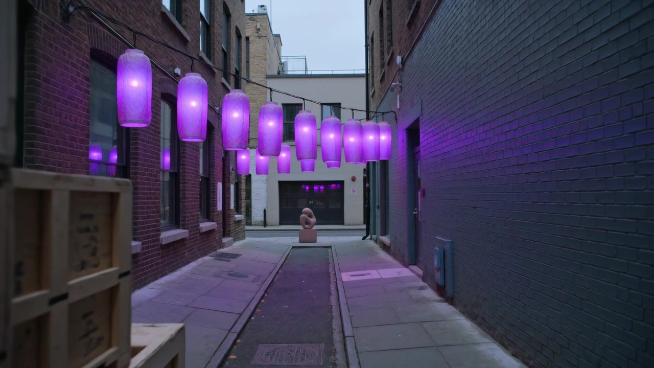 Câmera em movimento avançando em um beco, lanternas LED mudando de vermelho para magenta, caixas emoldurando uma escultura.