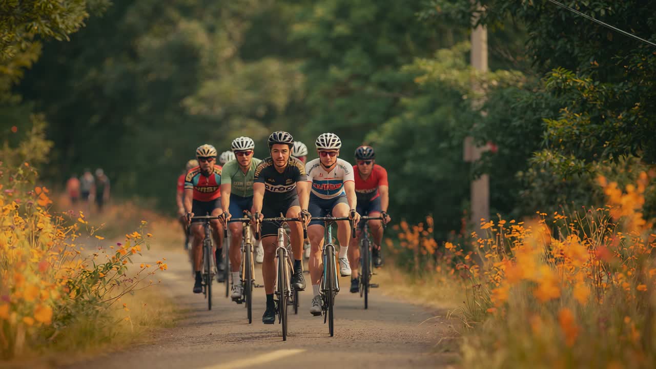 Riding six cyclists in tight paceline on wooded road for training, wearing jerseys on road bikes